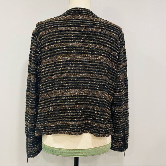 MING WANG Sapphire XL Black Gold Tweed Sparkle Zip Evening Cocktail Party Blazer - Picture 2 of 16